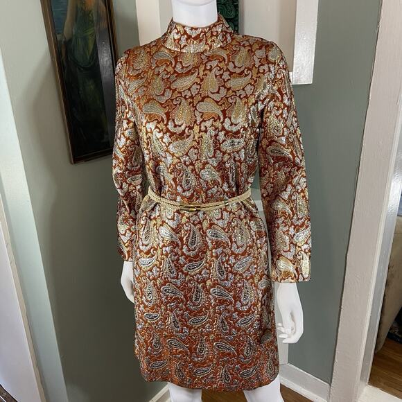 Vintage 60s Romantica Victor Costa Metallic Brocade Paisley Mini Shift Dress - Picture 9 of 11